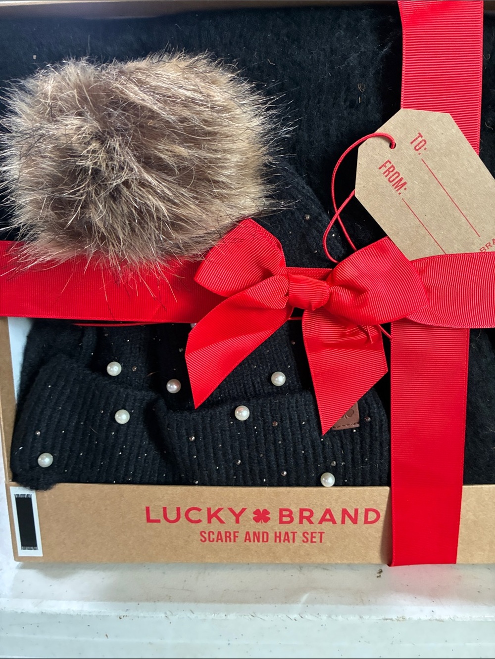 Lucky Brand Black Beanie & Faux Fur Pom Scarf Set with Pearls